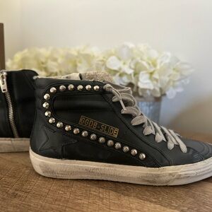 Golden Goose SLIDE Black & White Sneakers with HighTop Design and Silver Studs